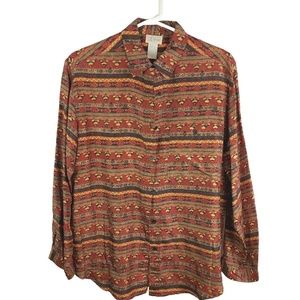 K Arnold NWT Vintage Washable 100% Silk Southwestern Tribal Print ButtonDown Top